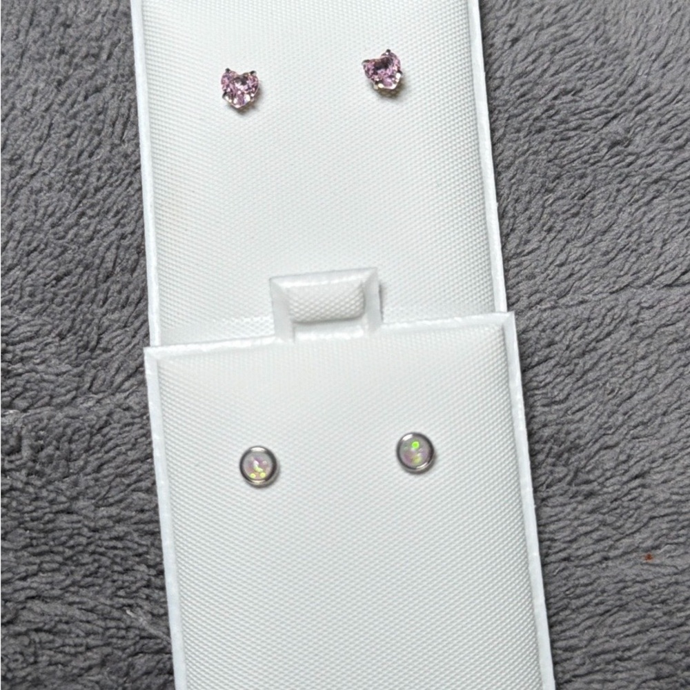 Infant Elegant Pink Chrystal Hearts and Opal Stud Earrings Set